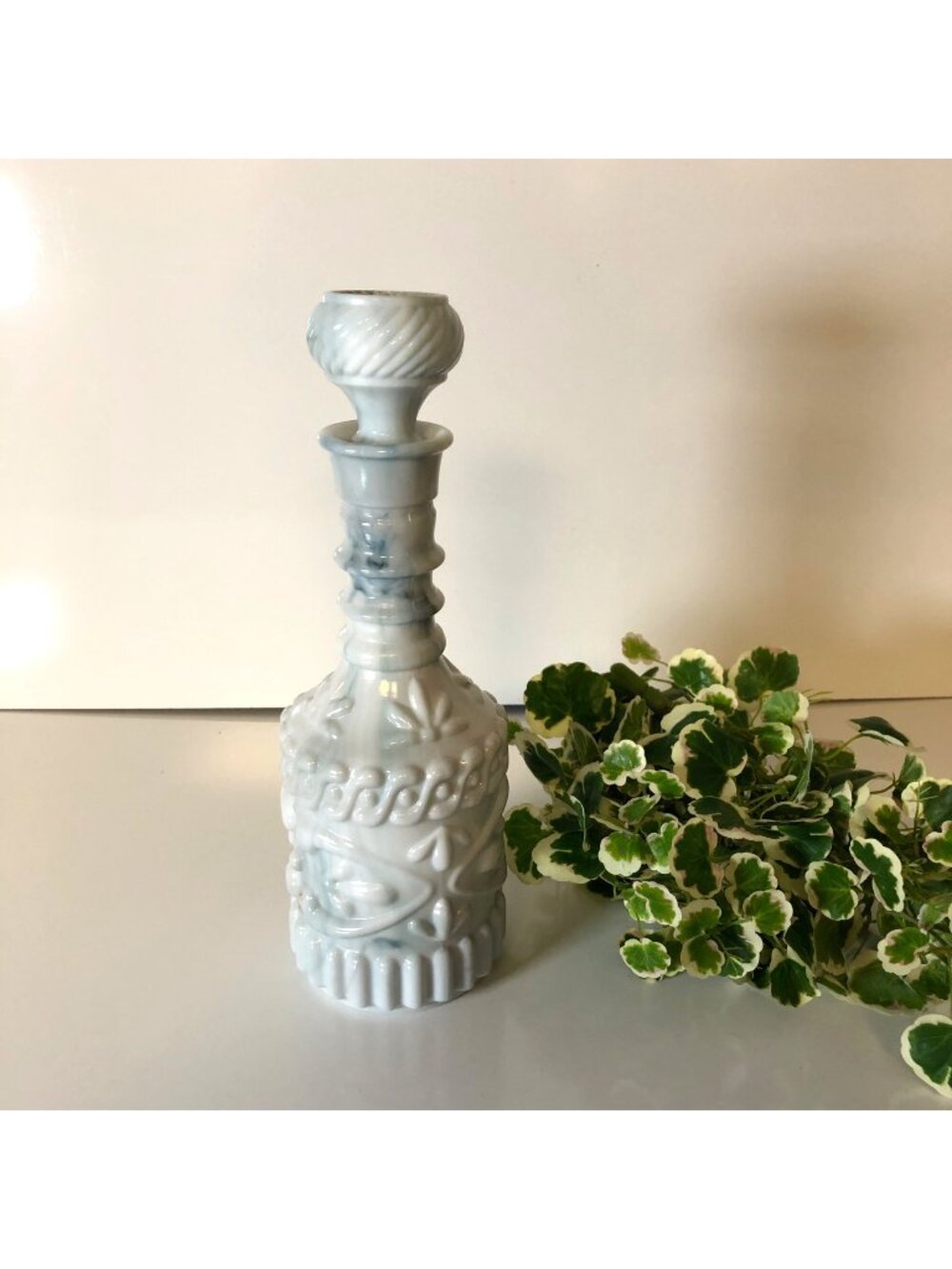 Vintage Slag Glass Decanter Marbled Embossed Milk Glass Liquor Bottle Stopper #2